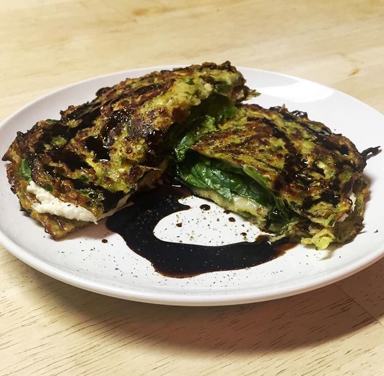 Zucchini Tortilla Grilled Cheese with Goat Cheese & Mozzarella Drizzled with Balsamic  