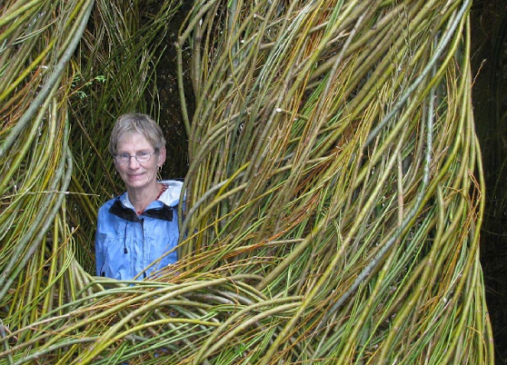 Patricia Targett, from Marlborough, N.H. hiding at Stickwork, McKee Botanical Garden