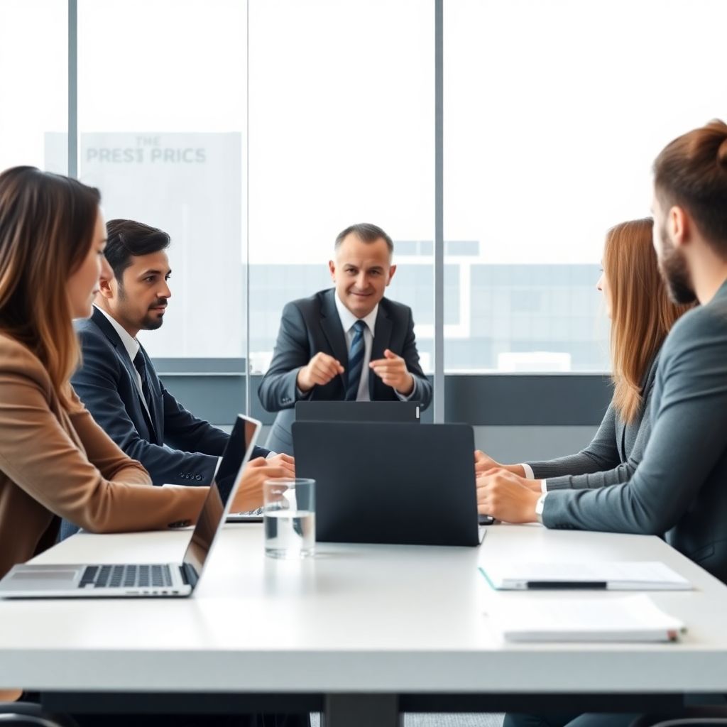 Business manager leading a small team meeting in a modern office