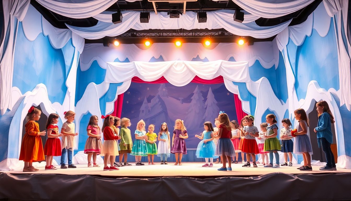 Children's theatre stage decorated as a snowy ice palace