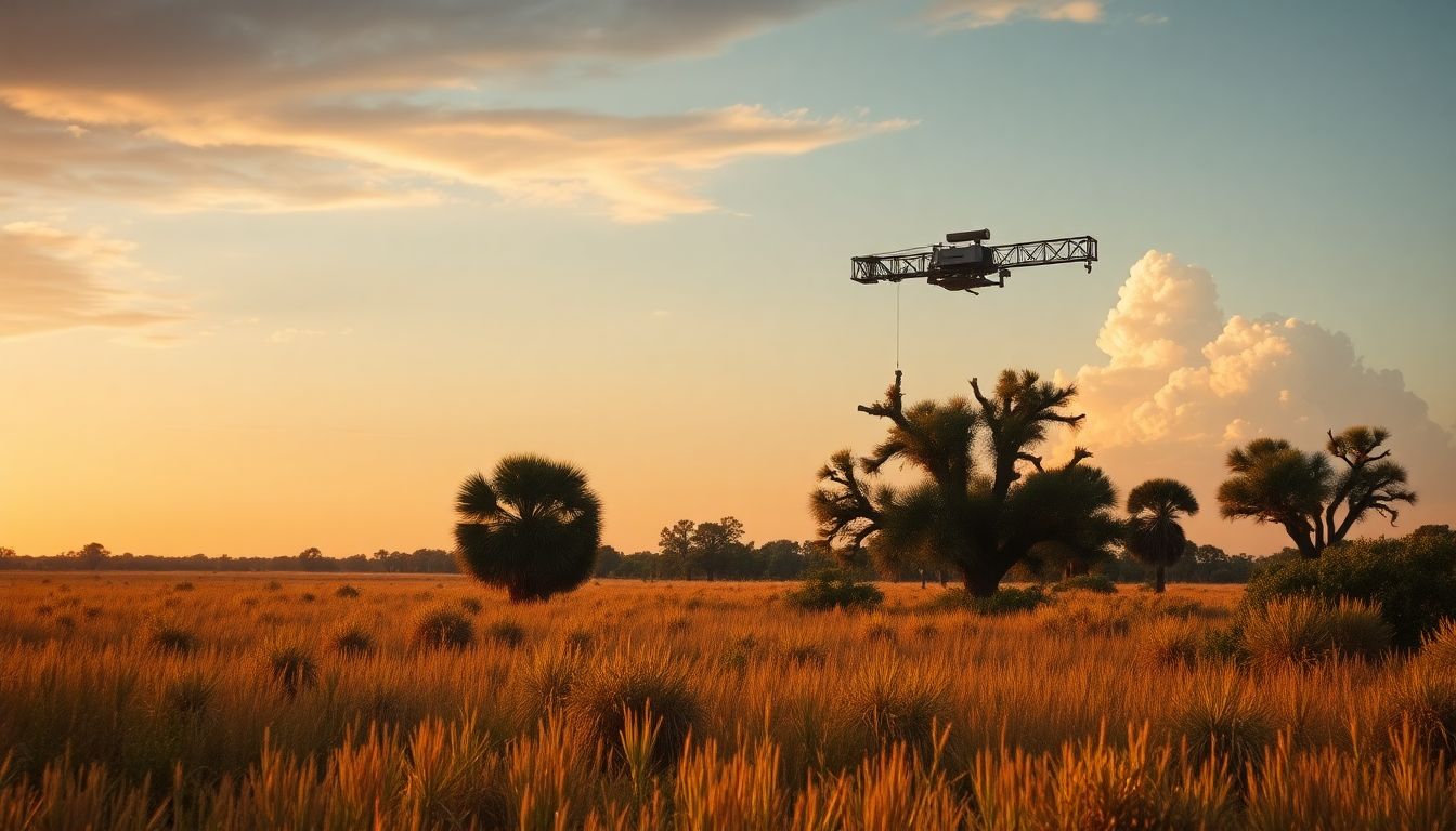 Wild old-Florida ranch prairie at golden hour with a film camera crane