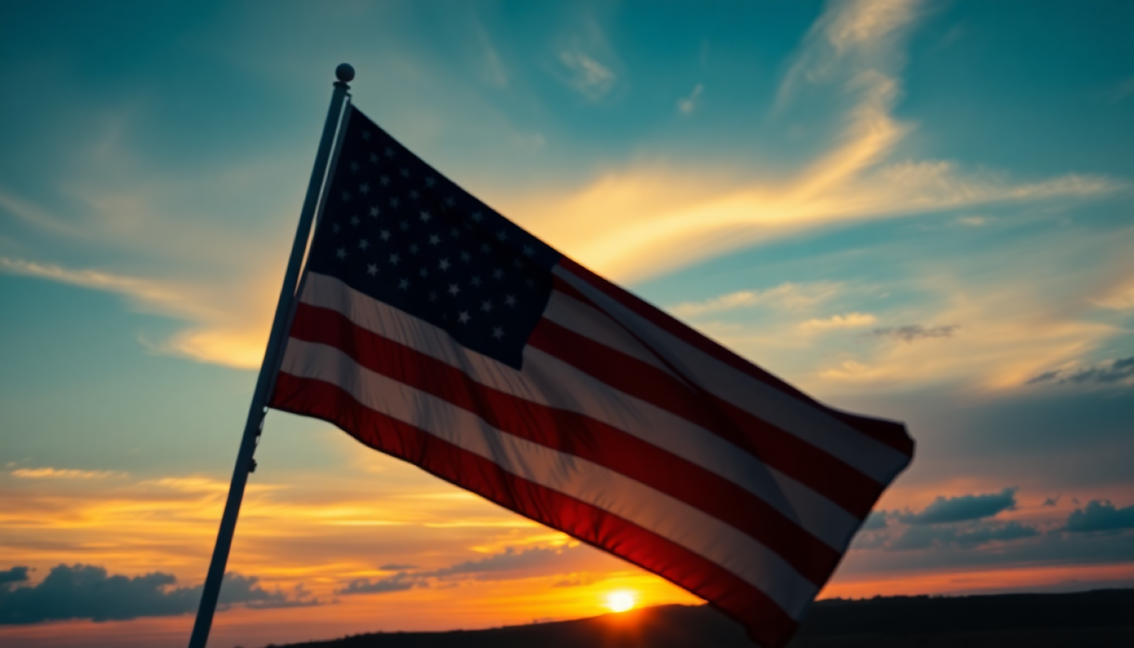 American flag against a sunset sky