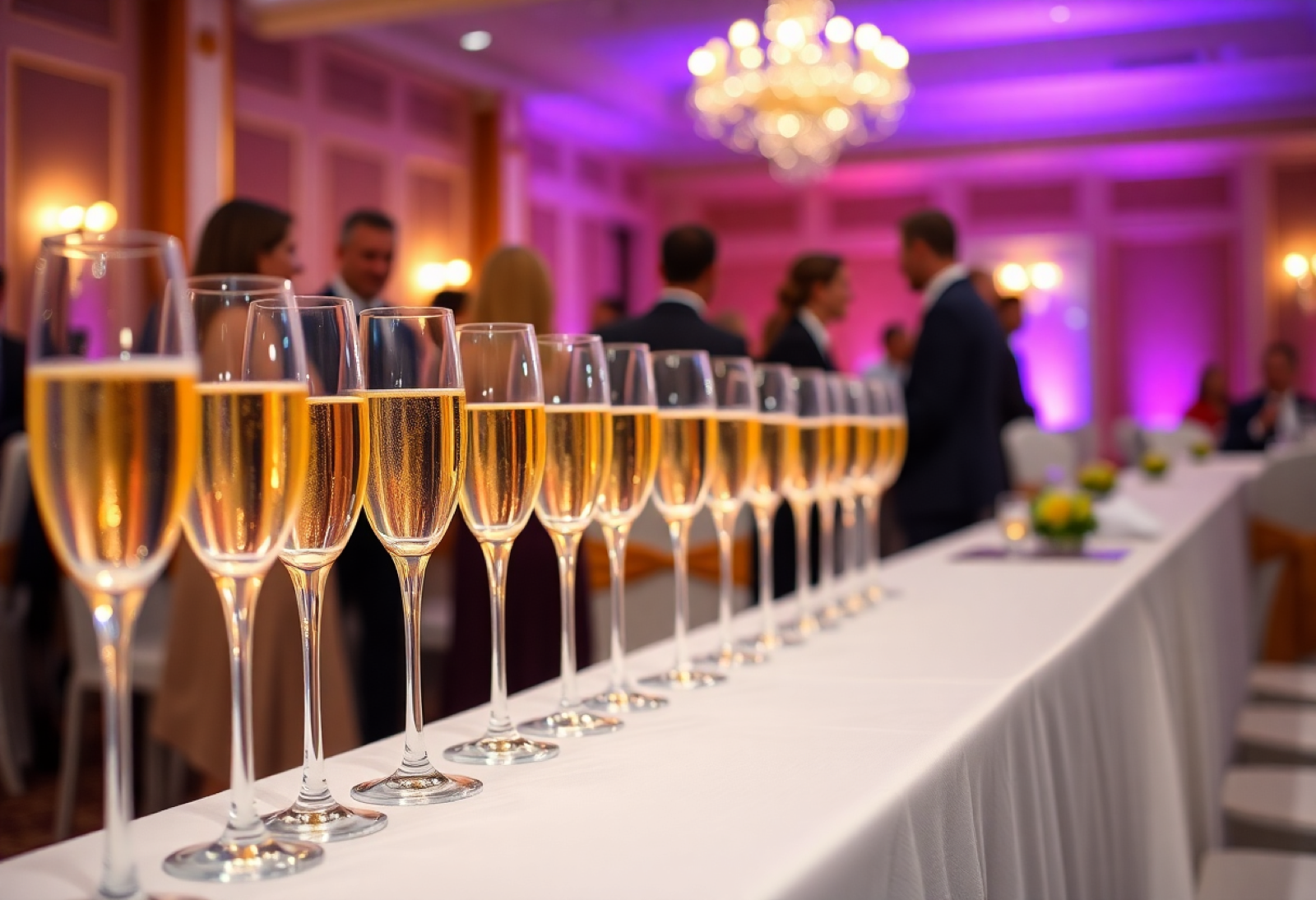 Row of champagne flutes on a banquet table at a gala reception