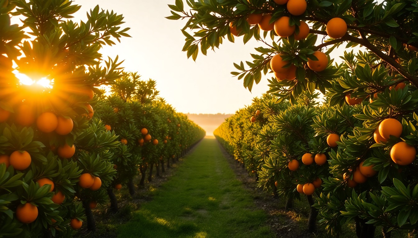 Rows of mature orange trees in a Florida citrus grove at golden hour