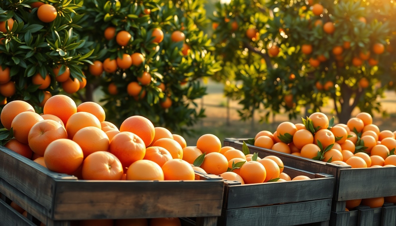 Wooden crates of freshly picked oranges and grapefruit at the edge of a citrus grove