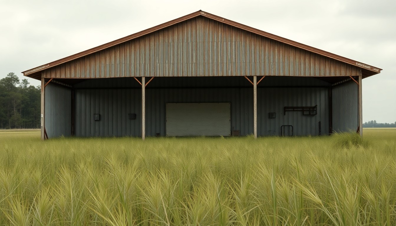 An empty, weathered agricultural packing building standing in an overgrown field