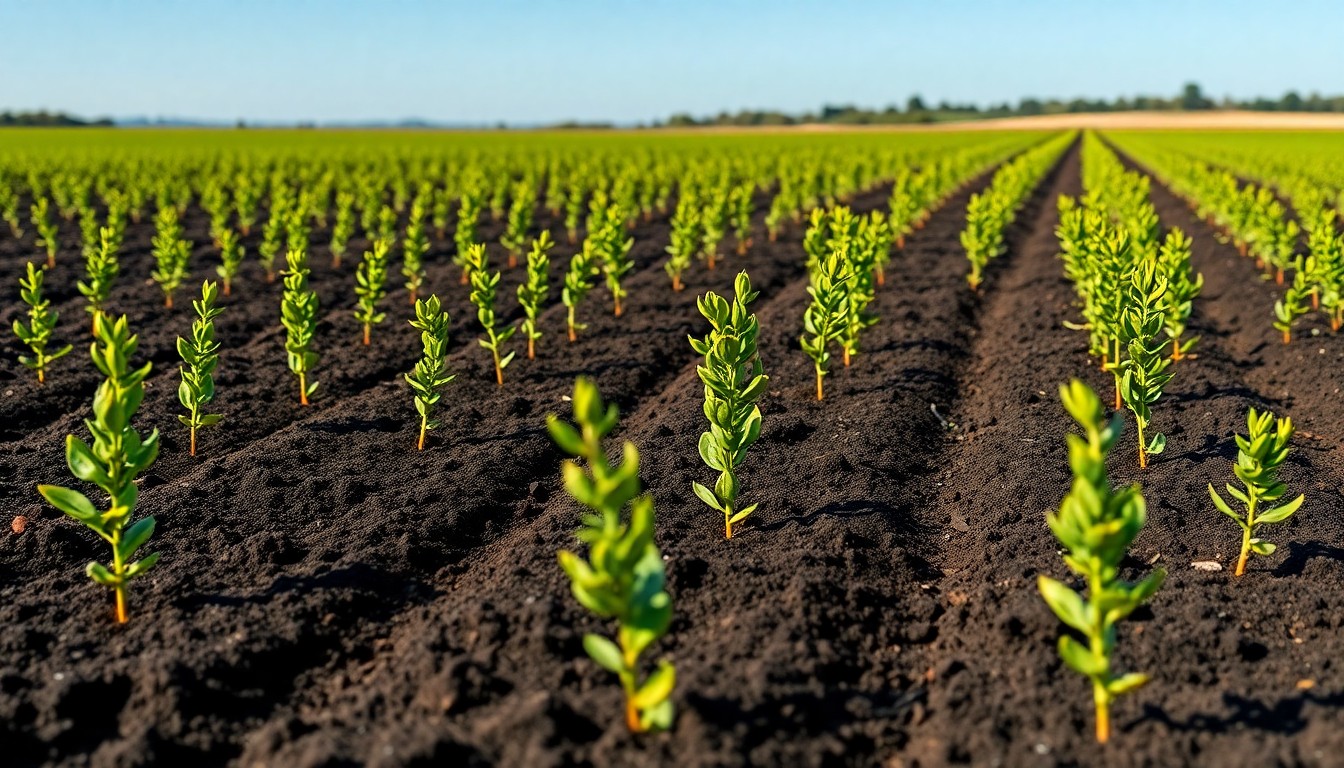 Rows of young citrus saplings newly planted in dark soil on an open field