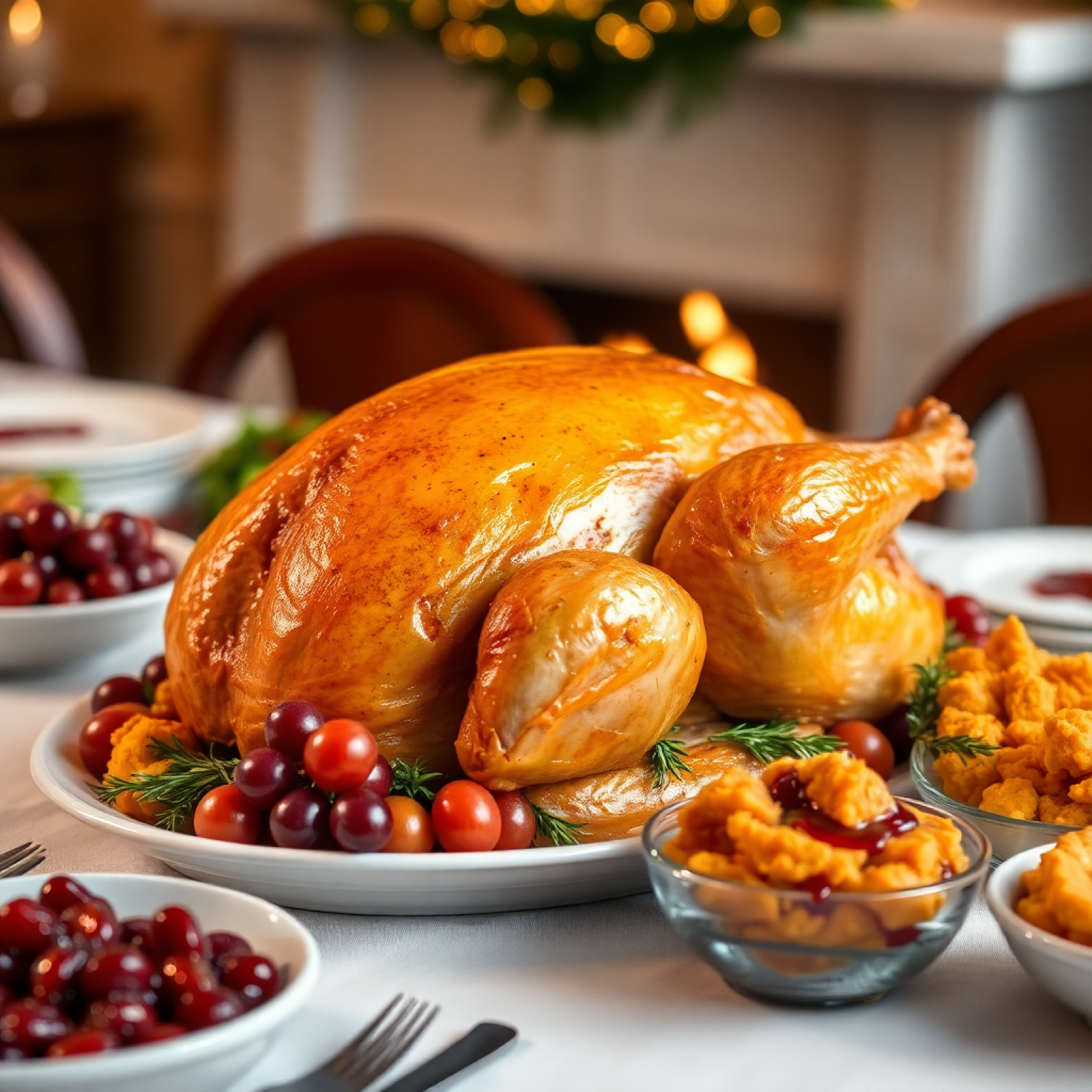 Roast turkey holiday dinner spread on a festive table