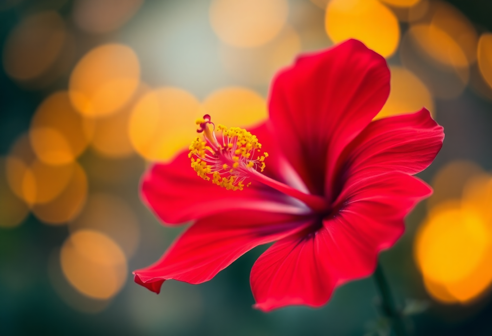 Close up of a red hibiscus flower with warm bokeh light