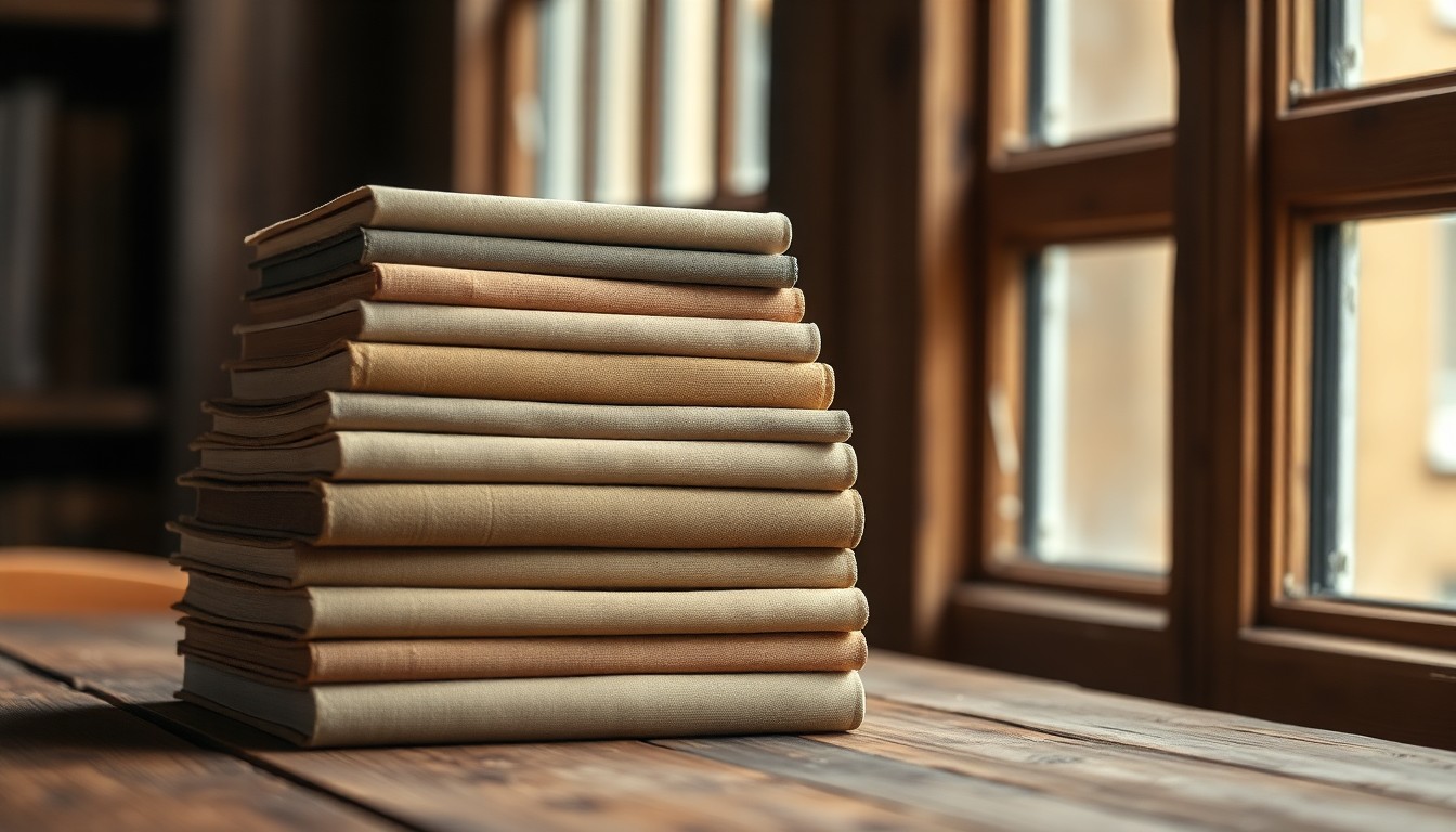 A stack of well-worn vintage hardcover books on a wooden table by a window