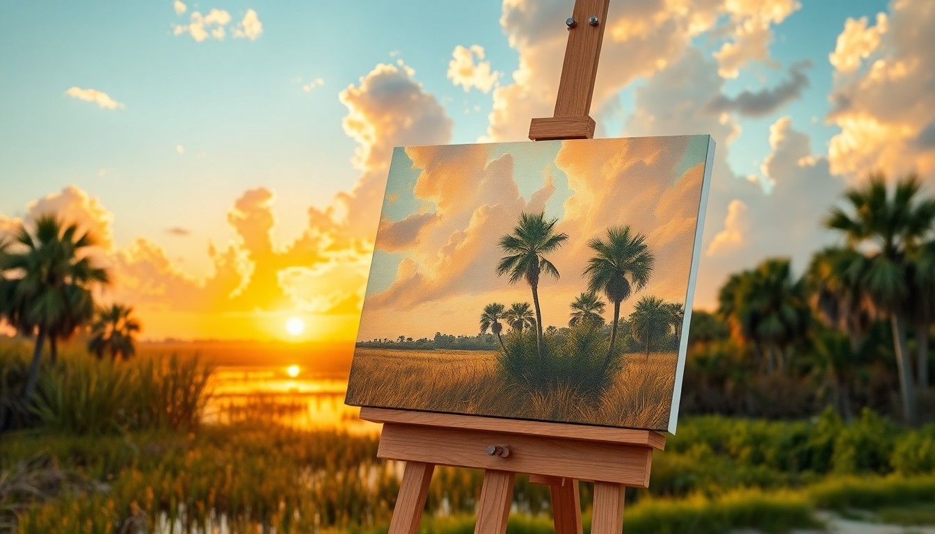 An easel holding a painting of a golden Florida marsh at sunset