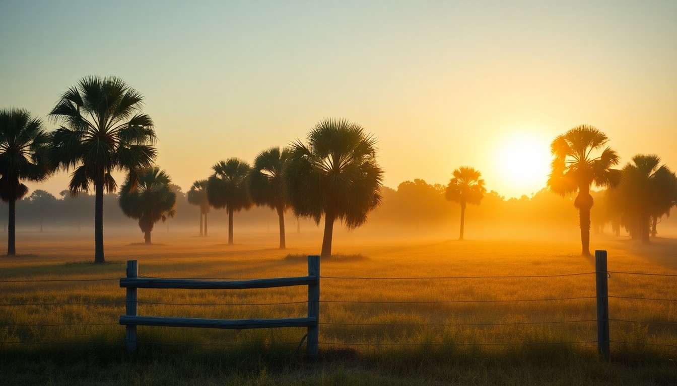 A misty Florida ranch at dawn with cabbage palms and a split-rail fence