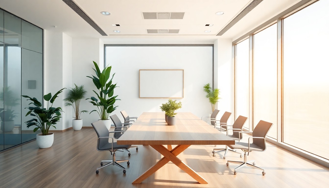 A bright, empty modern conference room with a wooden table and plants