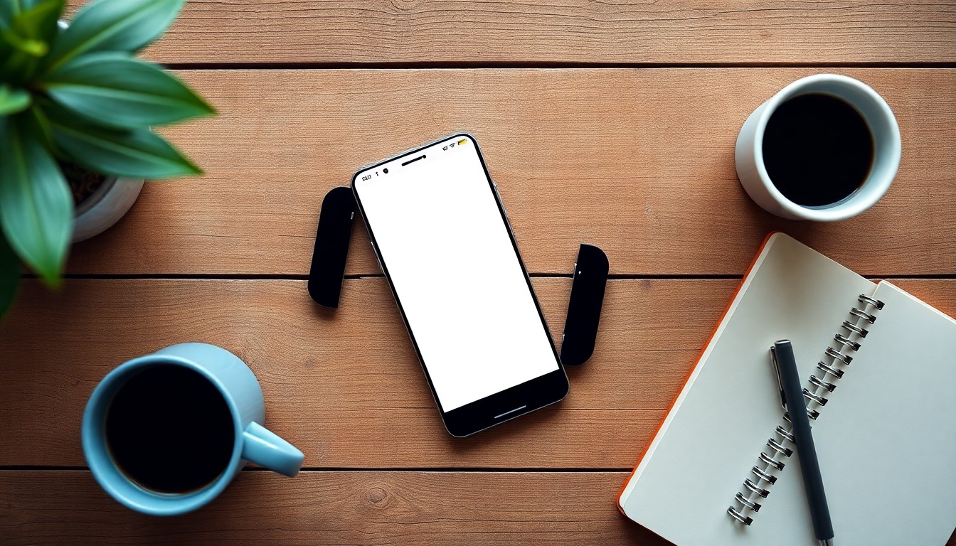 A smartphone, coffee, and a notebook on a wooden table, flat lay