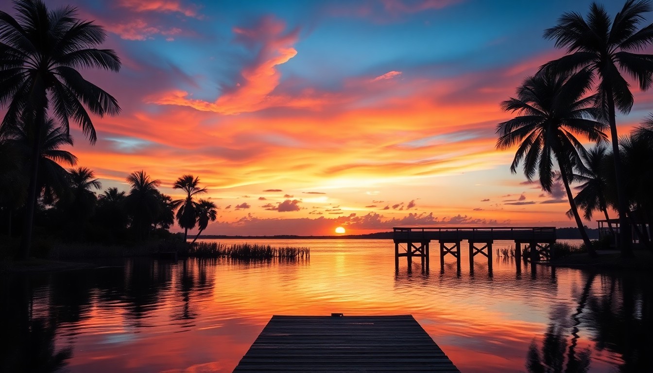 A colorful sunset over the Indian River Lagoon with silhouetted palms and a dock