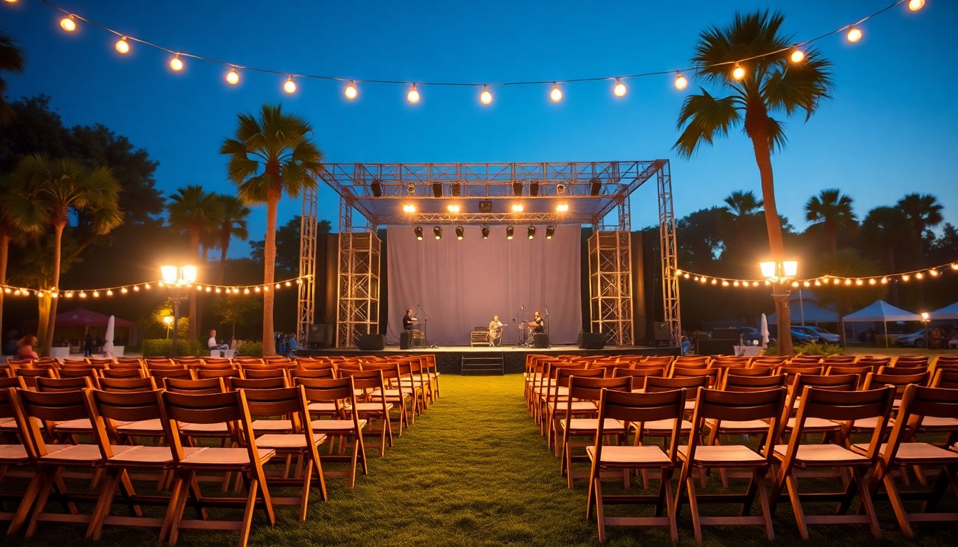 An outdoor evening concert stage with string lights and empty chairs at dusk