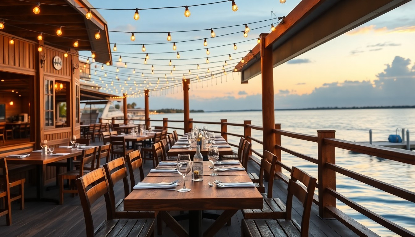 A waterfront restaurant deck set for dinner overlooking a Florida river at dusk