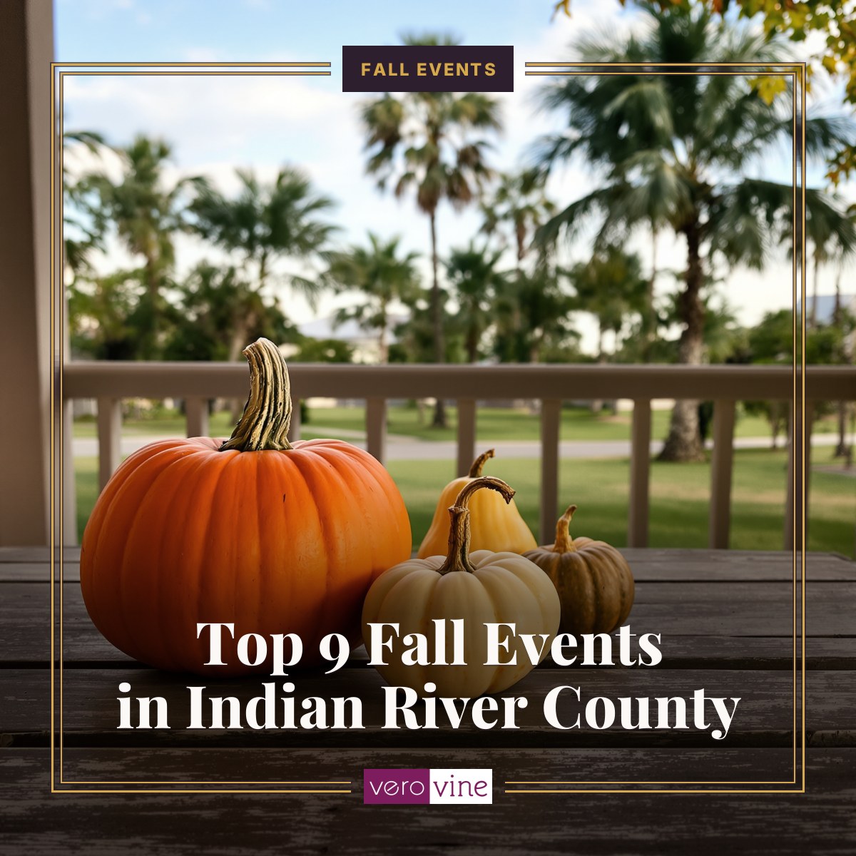 A few small pumpkins and fall gourds on a wooden porch table in Indian River County