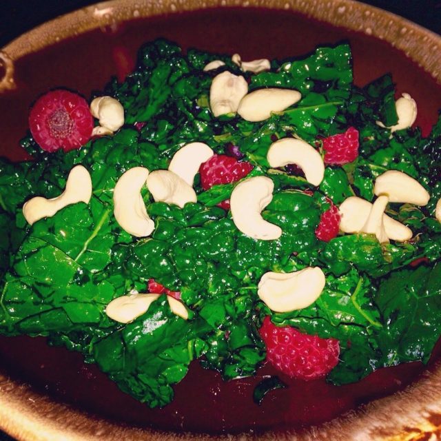 Massage Kale Salad With Coconut Water, Raspberries, And Cashew