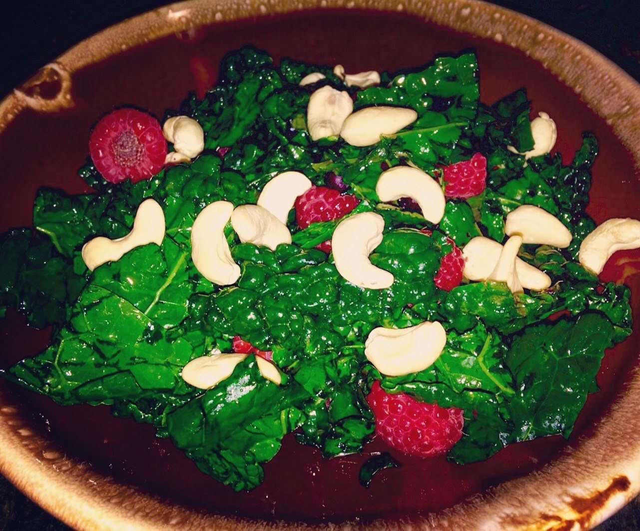 Massage Kale Salad With Coconut Water, Raspberries, And Cashew