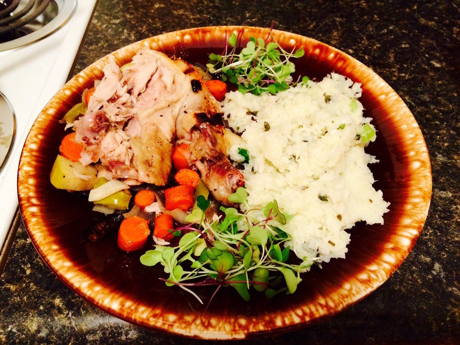 Chicken, Cauliflower Mash, Cooked Carrots And Sprouts