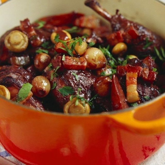 Coq Au Vin With Smoked Bacon, Shallots & Red Wine