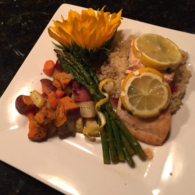 Salmon Dinner With Roasted Root Vegetables And Asparagus