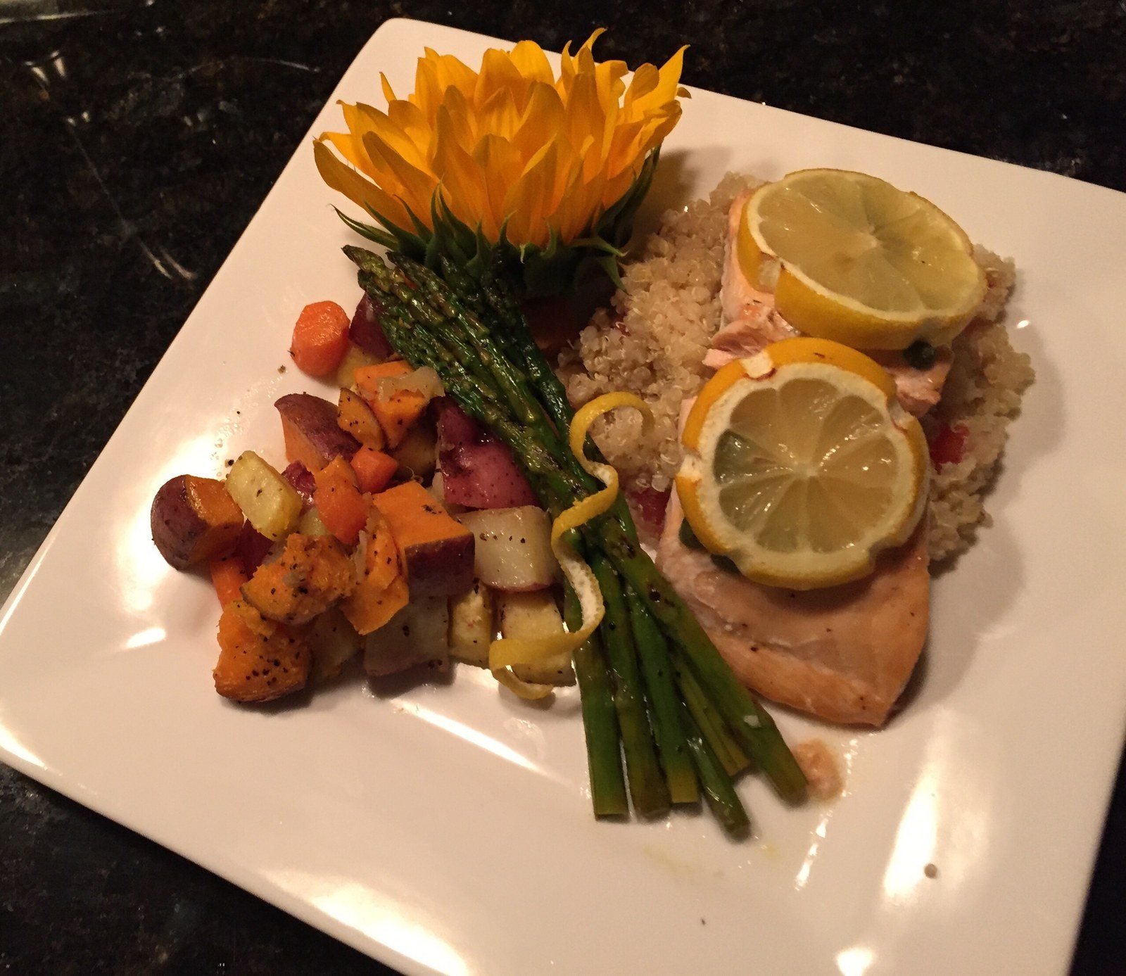 Salmon Dinner With Roasted Root Vegetables And Asparagus