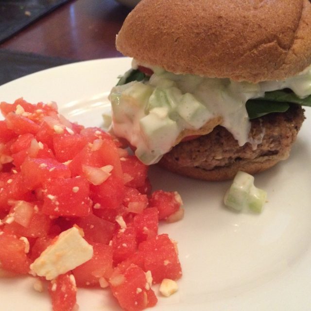 Feta Turkey Burger With Tzatiki And Melon Feta Salad