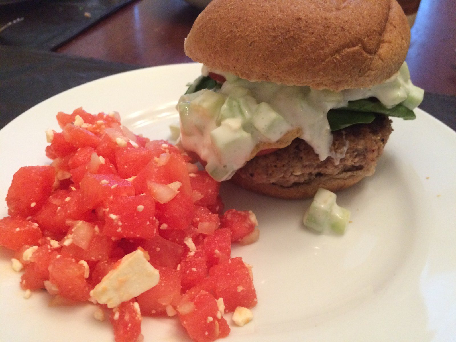 Feta Turkey Burger With Tzatiki And Melon Feta Salad