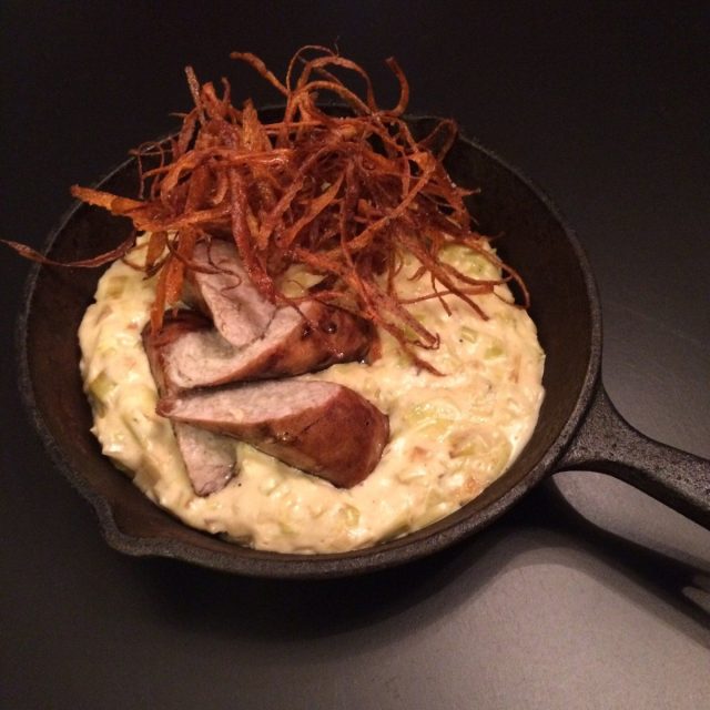 Rabbit Ginger Sausage Creamed Leeks Fried Carrot Chile Straws