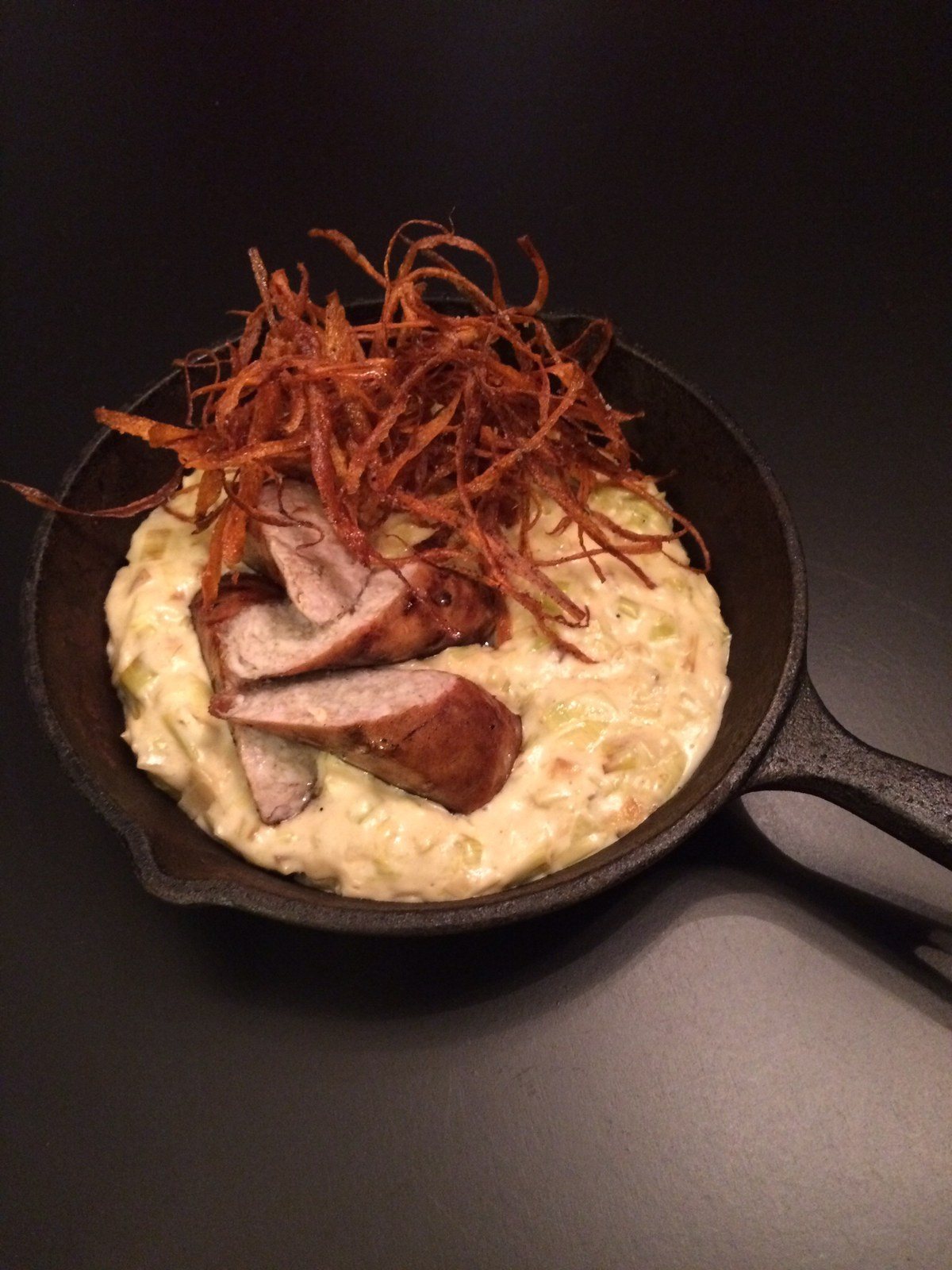 Rabbit Ginger Sausage Creamed Leeks Fried Carrot Chile Straws