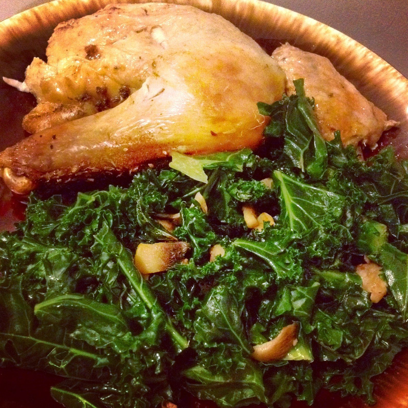 Baked Chicken Thighs With SautÃ©ed Kale And Mushrooms