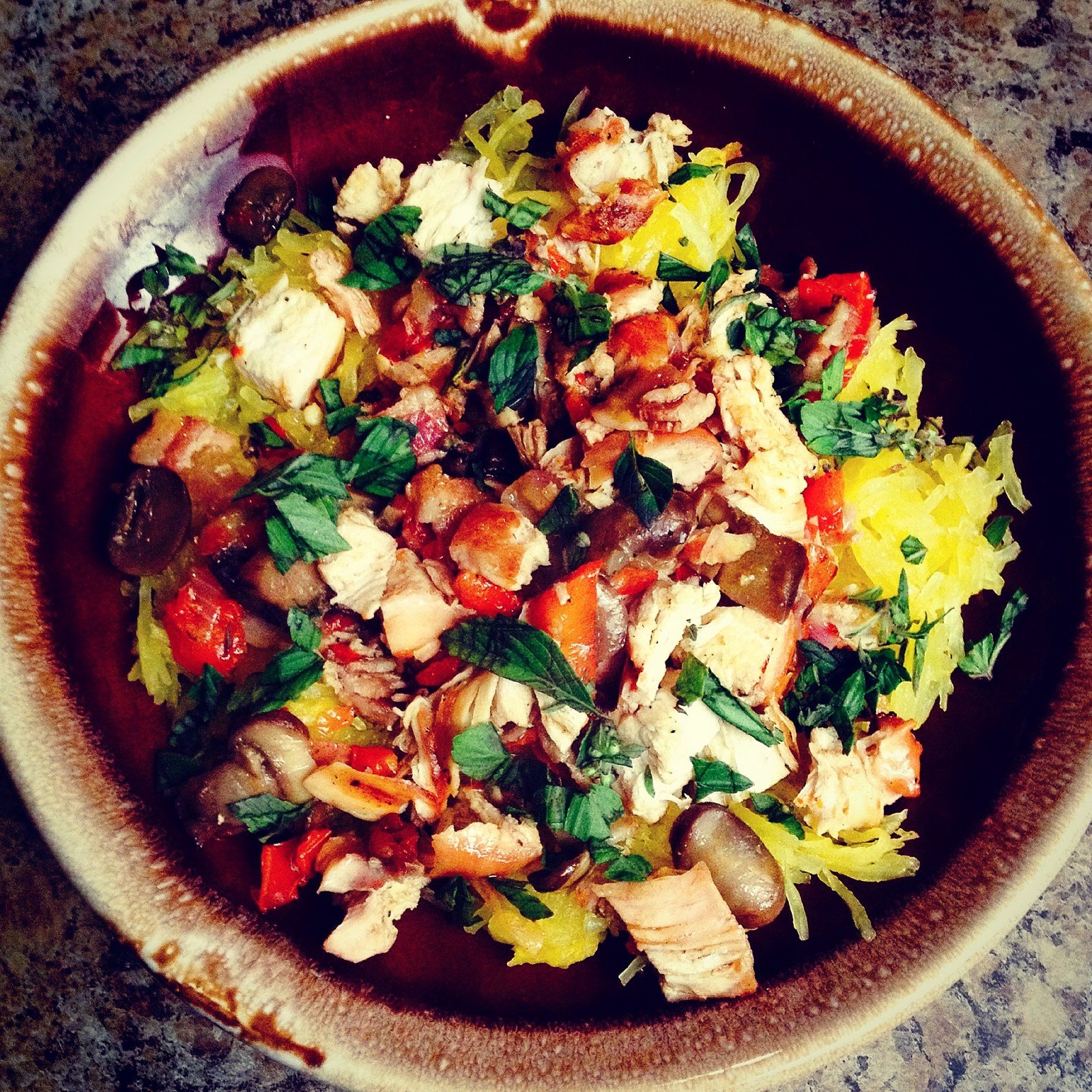 Spaghetti Squash With Mushrooms, Onions, Basil, Tomatoes, Peppers, And Chicken!