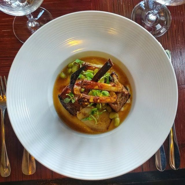 Lamb Chop, Poached Pear, Lima Bean Ragout