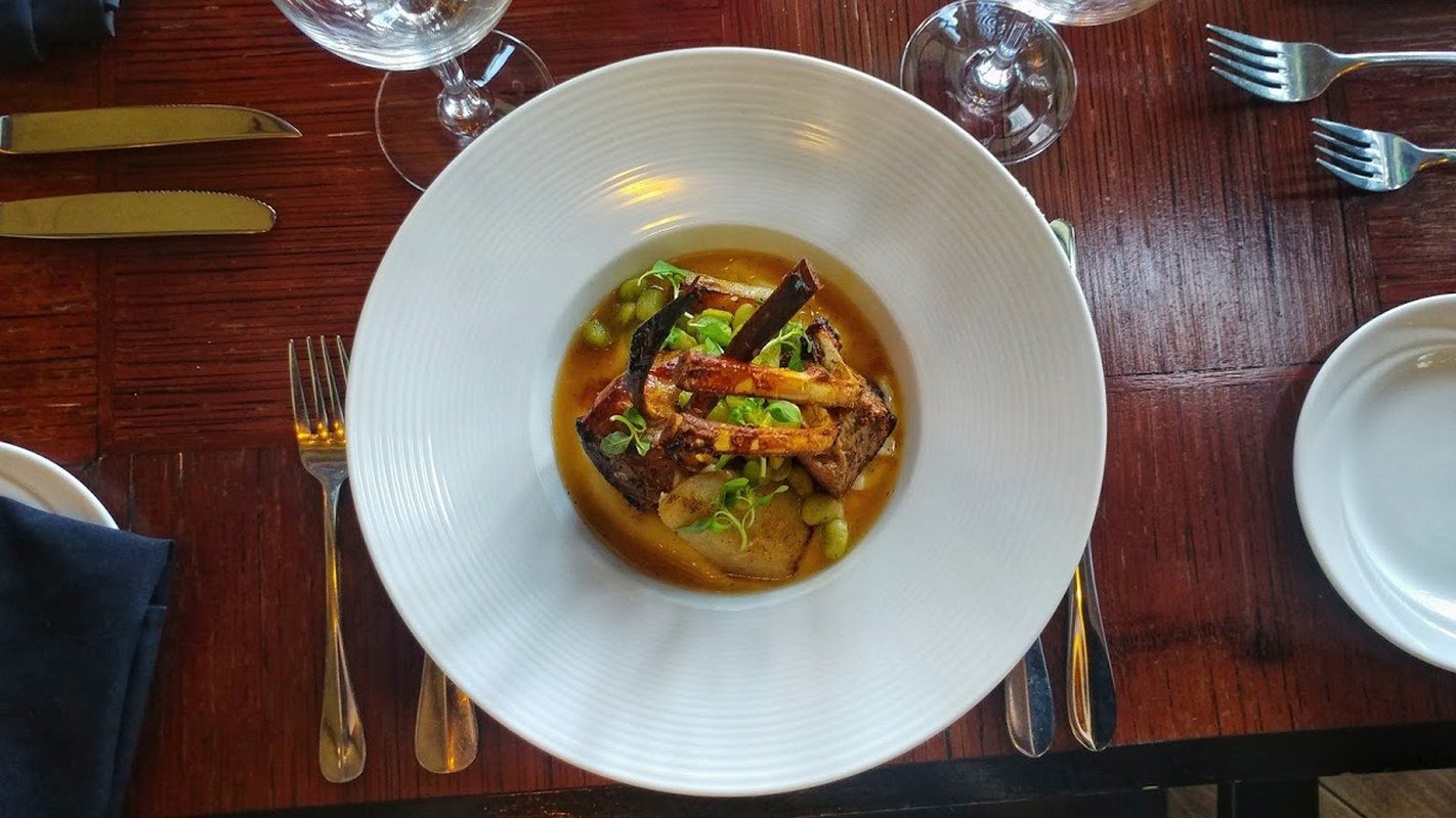 Lamb Chop, Poached Pear, Lima Bean Ragout